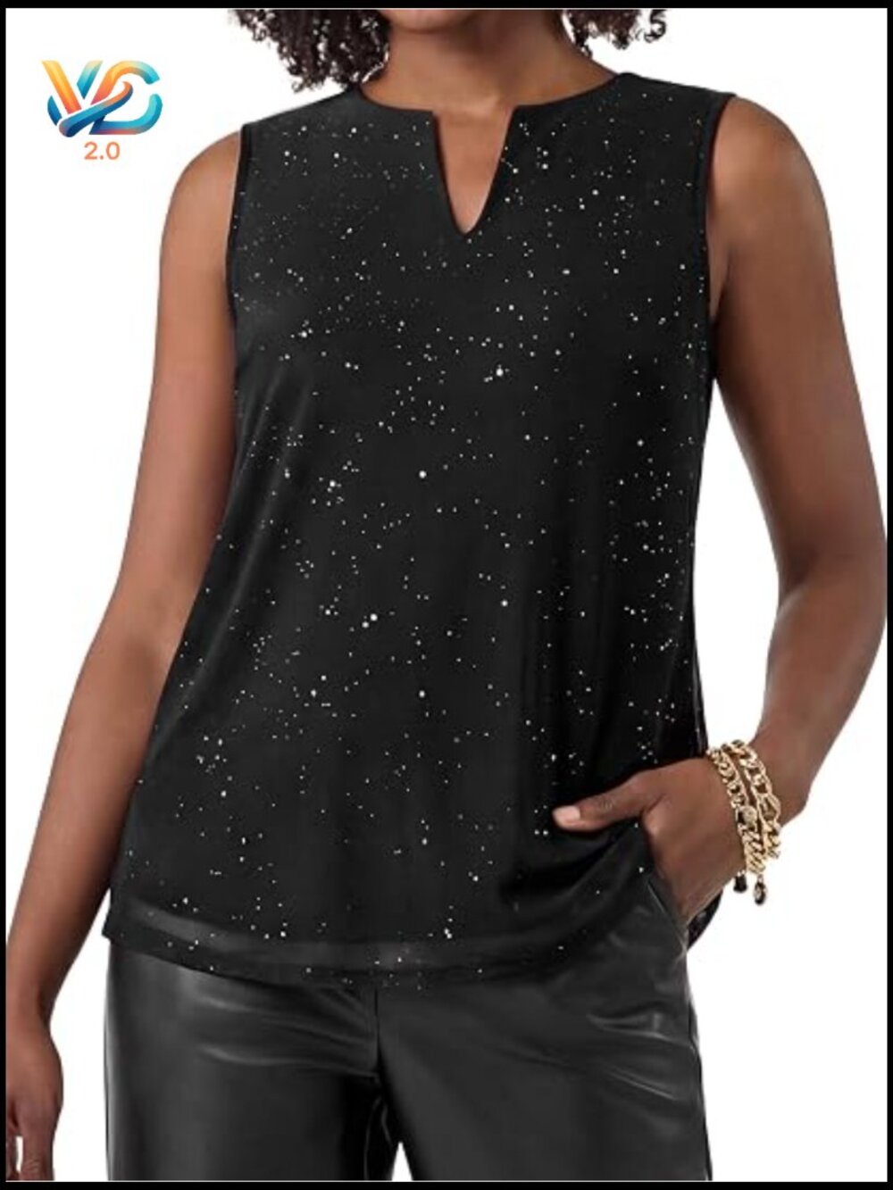 Glitter Mesh Double Layered Notch V Neck Sleeveless Elegant Tank Top
